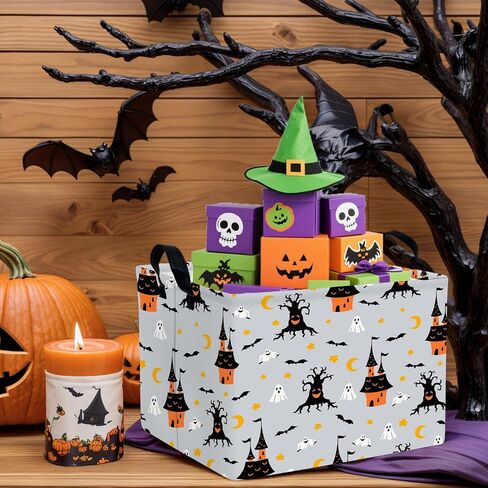 Large Halloween Themed Candy Gift Storage Basket for Kids Foldable Baby Bin Girls Personalized Decor (Black Castle) in Saudi Arabia