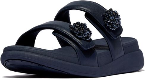 صندل نسائي من FitFlop على شكل حرف F-Mode Go Beadie-Button قابل للتعديل على شكل مسطح 2-Bar - صنادل مبطنة من الجلد الصناعي مع راحة Microwobbleboard ونعل مقاوم للانزلاق - أزرق داكن، 6.5 in Kuwait