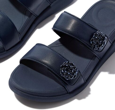 صندل نسائي من FitFlop على شكل حرف F-Mode Go Beadie-Button قابل للتعديل على شكل مسطح 2-Bar - صنادل مبطنة من الجلد الصناعي مع راحة Microwobbleboard ونعل مقاوم للانزلاق - أزرق داكن، 6.5 in Kuwait