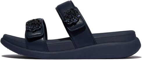 صندل نسائي من FitFlop على شكل حرف F-Mode Go Beadie-Button قابل للتعديل على شكل مسطح 2-Bar - صنادل مبطنة من الجلد الصناعي مع راحة Microwobbleboard ونعل مقاوم للانزلاق - أزرق داكن، 6.5 in Kuwait