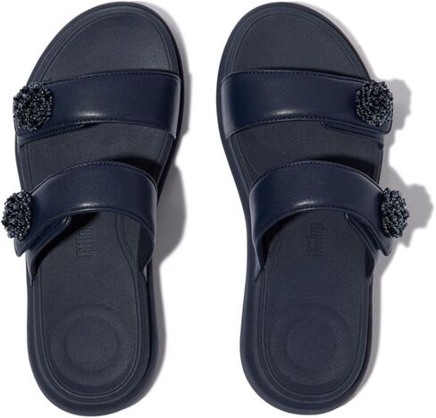 صندل نسائي من FitFlop على شكل حرف F-Mode Go Beadie-Button قابل للتعديل على شكل مسطح 2-Bar - صنادل مبطنة من الجلد الصناعي مع راحة Microwobbleboard ونعل مقاوم للانزلاق - أزرق داكن، 6.5 in Kuwait