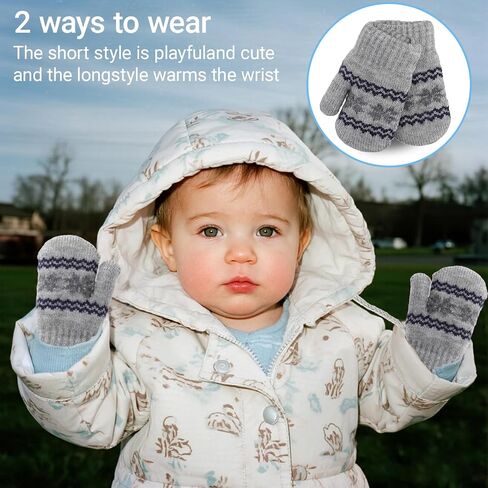 Toddler-Knit-Mittens Gloves for Kids 0-2 Years Boys & Girls - Winter Warm Fleece Lining with Anti-Loss String Gloves in Saudi Arabia