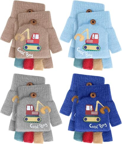 Geyoga 4 Pairs Winter Kids Convertible Knit Flap Mittens Fingerless Gloves Toddler Half Finger Mitten with Flip Top for Aged 3-10 in Saudi Arabia