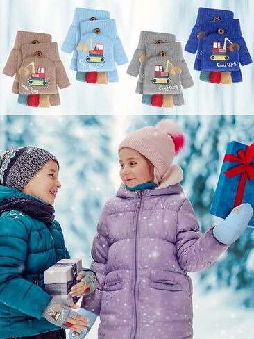 Geyoga 4 Pairs Winter Kids Convertible Knit Flap Mittens Fingerless Gloves Toddler Half Finger Mitten with Flip Top for Aged 3-10 in Saudi Arabia