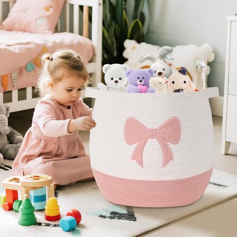 Large Baby Laundry Hamper, Pink Bow Laundry Basket for Baby Girl, Toy and Blanket Storage Basket for Nursery and Playroom, Cotton Rope Hamper for Kids, 17.7"x15.7" in Saudi Arabia