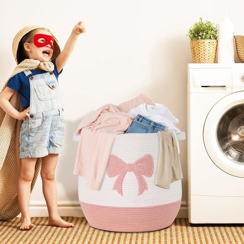 Large Baby Laundry Hamper, Pink Bow Laundry Basket for Baby Girl, Toy and Blanket Storage Basket for Nursery and Playroom, Cotton Rope Hamper for Kids, 17.7"x15.7" in Saudi Arabia