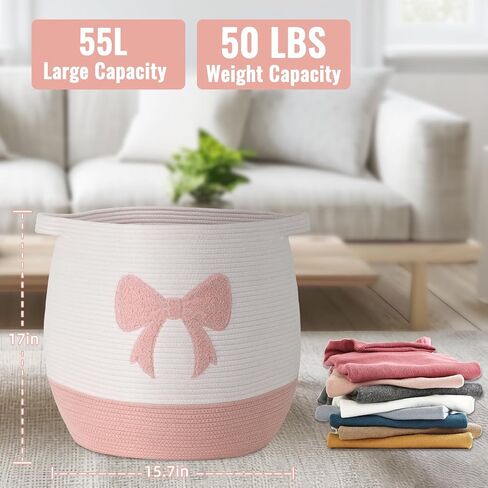 Large Baby Laundry Hamper, Pink Bow Laundry Basket for Baby Girl, Toy and Blanket Storage Basket for Nursery and Playroom, Cotton Rope Hamper for Kids, 17.7"x15.7" in Saudi Arabia