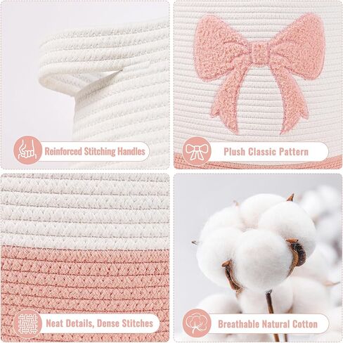 Large Baby Laundry Hamper, Pink Bow Laundry Basket for Baby Girl, Toy and Blanket Storage Basket for Nursery and Playroom, Cotton Rope Hamper for Kids, 17.7"x15.7" in Saudi Arabia