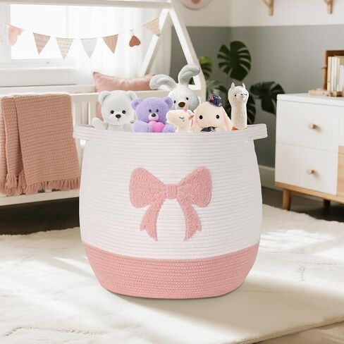 Large Baby Laundry Hamper, Pink Bow Laundry Basket for Baby Girl, Toy and Blanket Storage Basket for Nursery and Playroom, Cotton Rope Hamper for Kids, 17.7"x15.7" in Saudi Arabia