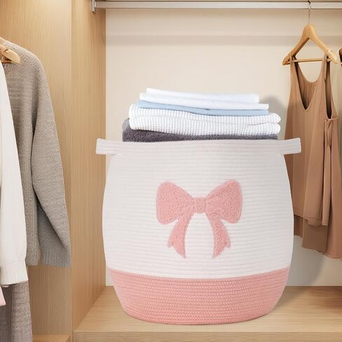 Large Baby Laundry Hamper, Pink Bow Laundry Basket for Baby Girl, Toy and Blanket Storage Basket for Nursery and Playroom, Cotton Rope Hamper for Kids, 17.7"x15.7" in Saudi Arabia
