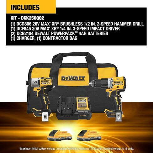 DEWALT 20V Impact Driver and Hammer Drill Cordless Power Tool Combo Kit, Includes 2 x 4ah POWERPACK ™ Batteries and a Charger, 20V MAX*XR® (DCK250QQ2) in Saudi Arabia