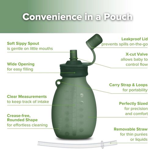 haakaa Hippo Wide Opening Silicone Goody Pouch – Reusable Pouches for Toddlers, Baby Food Pouches with Wide Opening for Easy Fill & Clean, Perfect for Purees & Smoothies, 9oz, 2 Pack, (Pea Green) in Saudi Arabia