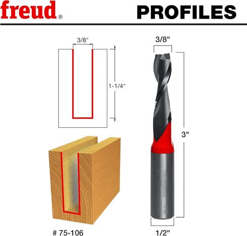 Freud 3/8" Up Spiral Router Bit with Tico Hi-Density Carbide for Maximum Performance - Ideal for Cutting Parts & Grooves, 3/8" Diameter, 1/2" Shank, 1-1/4" Carbide Height, 24,000 RPM - 75-106 in Saudi Arabia