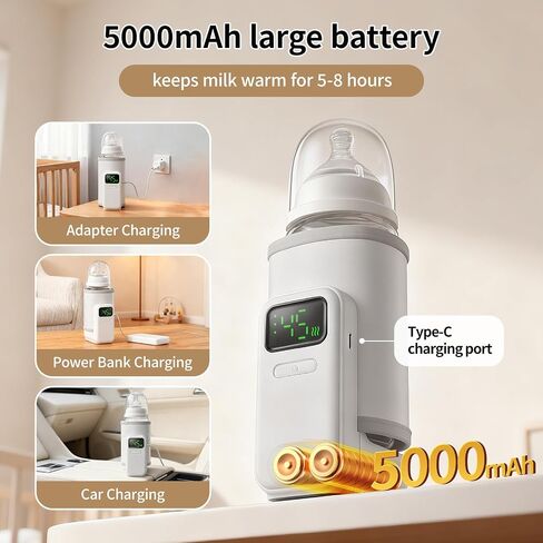 Portable Baby Bottle Warmer for Travel,Breastfeeding Essentials,Baby Bottle-Feeding Supplies Bottle Warmer On The Go,Breast Milk Warmer for Baby,Rechargeable 5000 mAh Battery,Digital Display in Saudi Arabia