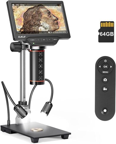 مجهر العملة الرقمي للتركيز التلقائي من Elikliv: مجهر لحام HDMI للبالغين EM3K-AF، مكبر عملة 3K للعرض الكامل، مجهر IPS 7 بوصة مع شاشة، مخرج HDMI/USB، حامل 10 بوصة، ضوء مزدوج، 64 جيجابايت in Kuwait