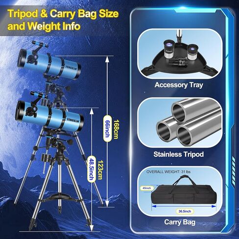 Telescope150EQ للبالغين، تلسكوب عاكس نيوتوني احترافي للمبتدئين في علم الفلك، مع حقيبة حمل، حامل ثلاثي غير قابل للصدأ، فلتر القمر ومحول الهاتف، أزرق in Kuwait
