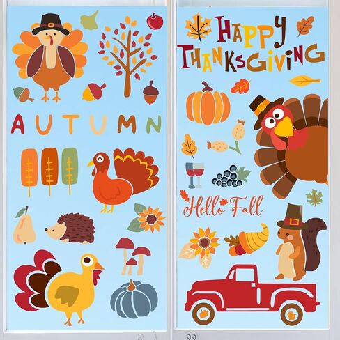 6 Sheets Thanksgiving Window Clings Cartoon Turkey Maple Leaf Pumpkin Truck Window Decals Fall Window Stickers for Autumn Thanksgiving Harvest Home Classroom Office Party Supplies in Saudi Arabia