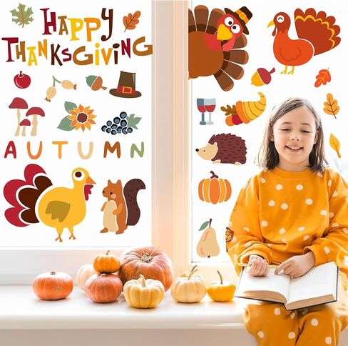 6 Sheets Thanksgiving Window Clings Cartoon Turkey Maple Leaf Pumpkin Truck Window Decals Fall Window Stickers for Autumn Thanksgiving Harvest Home Classroom Office Party Supplies in Saudi Arabia