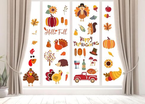 6 Sheets Thanksgiving Window Clings Cartoon Turkey Maple Leaf Pumpkin Truck Window Decals Fall Window Stickers for Autumn Thanksgiving Harvest Home Classroom Office Party Supplies in Saudi Arabia