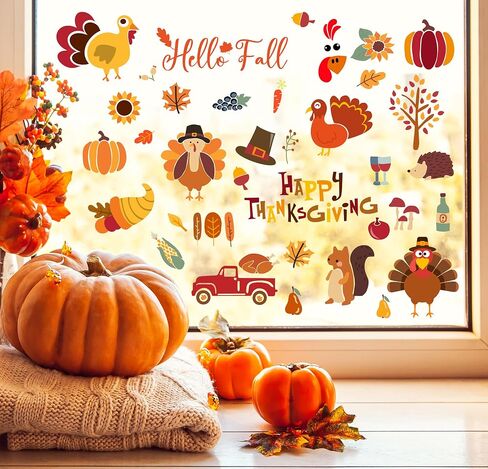 6 Sheets Thanksgiving Window Clings Cartoon Turkey Maple Leaf Pumpkin Truck Window Decals Fall Window Stickers for Autumn Thanksgiving Harvest Home Classroom Office Party Supplies in Saudi Arabia
