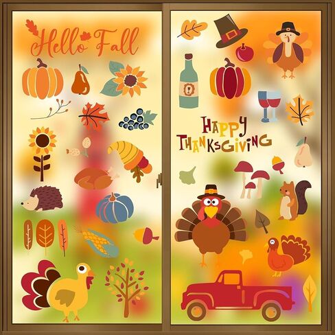 6 Sheets Thanksgiving Window Clings Cartoon Turkey Maple Leaf Pumpkin Truck Window Decals Fall Window Stickers for Autumn Thanksgiving Harvest Home Classroom Office Party Supplies in Saudi Arabia