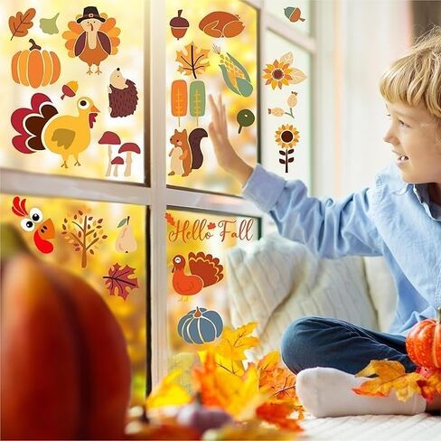 6 Sheets Thanksgiving Window Clings Cartoon Turkey Maple Leaf Pumpkin Truck Window Decals Fall Window Stickers for Autumn Thanksgiving Harvest Home Classroom Office Party Supplies in Saudi Arabia