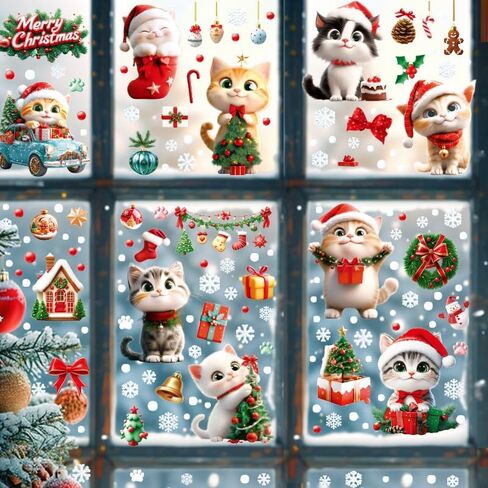 9 Sheets Christmas Cats Window Clings Reusable Kitty Animal Xmas Tree Window Decals Double Side Printed Window Stickers Glass Door Home Party Supplies Showcase Decoration in Saudi Arabia