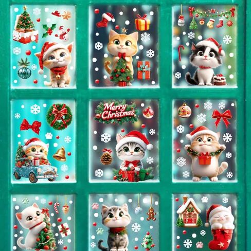 9 Sheets Christmas Cats Window Clings Reusable Kitty Animal Xmas Tree Window Decals Double Side Printed Window Stickers Glass Door Home Party Supplies Showcase Decoration in Saudi Arabia