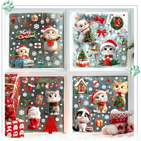 9 Sheets Christmas Cats Window Clings Reusable Kitty Animal Xmas Tree Window Decals Double Side Printed Window Stickers Glass Door Home Party Supplies Showcase Decoration in Saudi Arabia