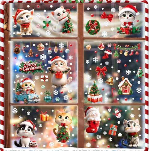 9 Sheets Christmas Cats Window Clings Reusable Kitty Animal Xmas Tree Window Decals Double Side Printed Window Stickers Glass Door Home Party Supplies Showcase Decoration in Saudi Arabia