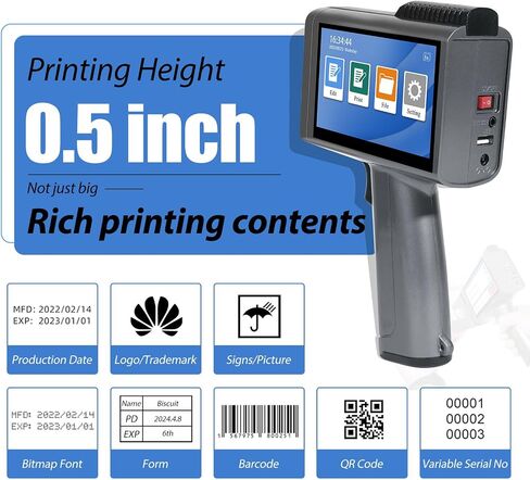 Handheld Inkjet Printer with 42ml Quick-Drying Ink Cartridge for Text/Date/Barcode/Logo, Metal Body, 4.3" Touch Screen, Print Height 0.08"-0.5", Portable Industrial Coding Machine ZM-C120L in Saudi Arabia
