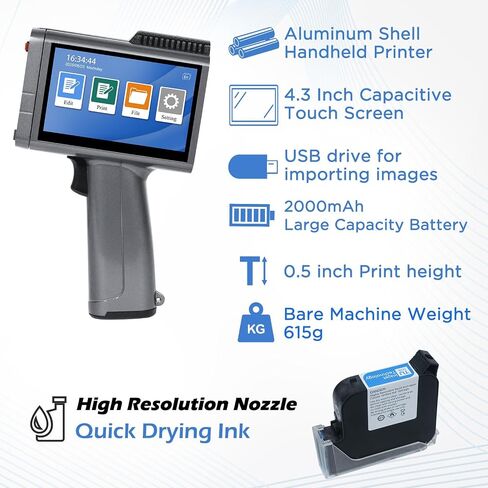 Handheld Inkjet Printer with 42ml Quick-Drying Ink Cartridge for Text/Date/Barcode/Logo, Metal Body, 4.3" Touch Screen, Print Height 0.08"-0.5", Portable Industrial Coding Machine ZM-C120L in Saudi Arabia