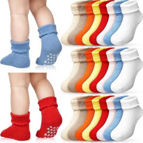24 Pairs Baby Non Slip Socks with Grips 1-3 Years Kids Unisex Warm Thick Cotton Ankle Crew Socks for Girls and Boys in Saudi Arabia