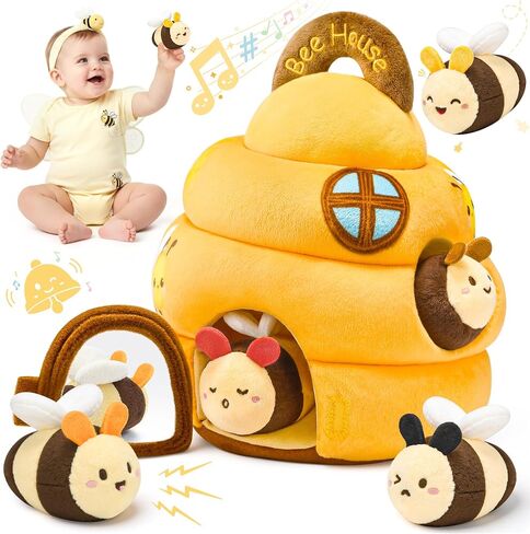 Baby Toys 6-12 Months - Beehive Infant Toy with 5 Sensory Bees Stuffed Animals, Crinkle, Rattle, Mirror & Music, Montessori Toys for 6 7 8 9 10 11 12 Month Old Baby Boys Girls Birthday Christmas Gift in Saudi Arabia