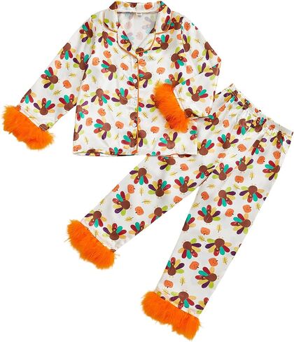 Baby Girls Thanksgiving Pajamas 2 Pcs Holiday Pajama Set Turkey Pie Print T Shirt + Pants Toddler Sleepwear Outfits in Saudi Arabia