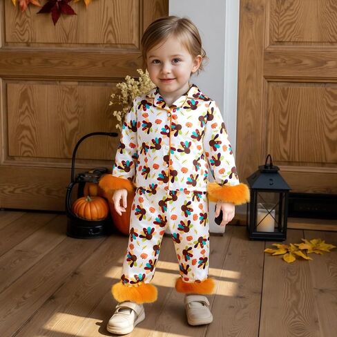 Baby Girls Thanksgiving Pajamas 2 Pcs Holiday Pajama Set Turkey Pie Print T Shirt + Pants Toddler Sleepwear Outfits in Saudi Arabia