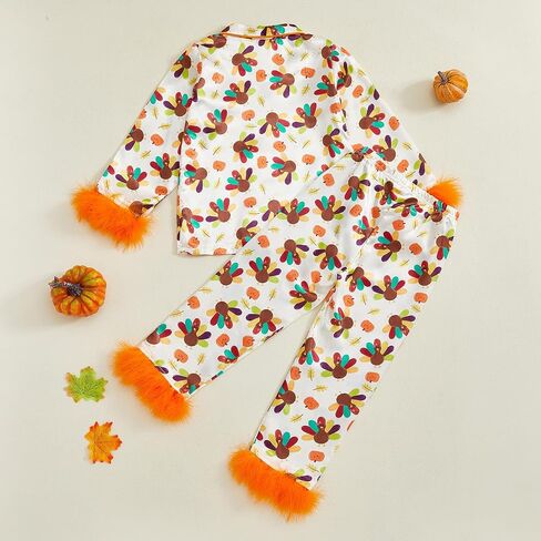 Baby Girls Thanksgiving Pajamas 2 Pcs Holiday Pajama Set Turkey Pie Print T Shirt + Pants Toddler Sleepwear Outfits in Saudi Arabia