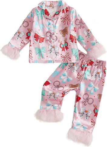Baby Girls Thanksgiving Pajamas 2 Pcs Holiday Pajama Set Turkey Pie Print T Shirt + Pants Toddler Sleepwear Outfits in Saudi Arabia