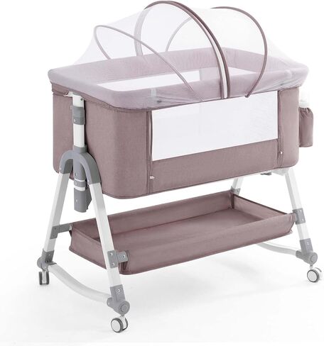 3 in 1 Baby Bassinet, Rocking Bassinets Bedside Sleeper with Comfy Mattress and Wheels, Height Adjustable Easy Folding Portable Bedside Crib for Newborn Infant,Deep Khaki in Saudi Arabia