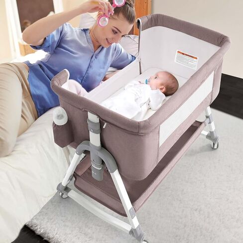 3 in 1 Baby Bassinet, Rocking Bassinets Bedside Sleeper with Comfy Mattress and Wheels, Height Adjustable Easy Folding Portable Bedside Crib for Newborn Infant,Deep Khaki in Saudi Arabia
