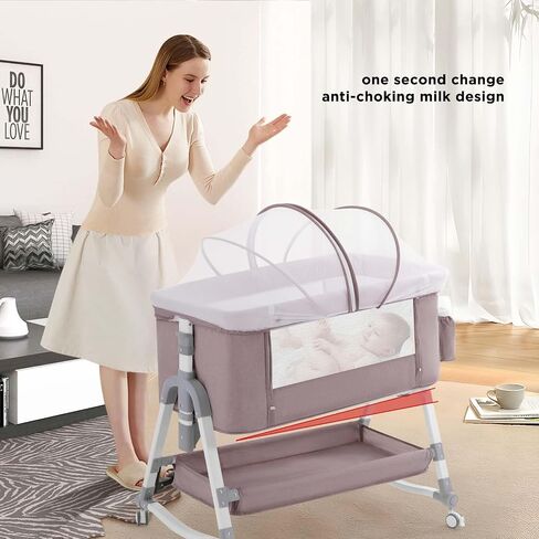 3 in 1 Baby Bassinet, Rocking Bassinets Bedside Sleeper with Comfy Mattress and Wheels, Height Adjustable Easy Folding Portable Bedside Crib for Newborn Infant,Deep Khaki in Saudi Arabia