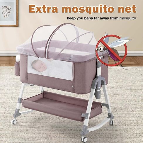 3 in 1 Baby Bassinet, Rocking Bassinets Bedside Sleeper with Comfy Mattress and Wheels, Height Adjustable Easy Folding Portable Bedside Crib for Newborn Infant,Deep Khaki in Saudi Arabia