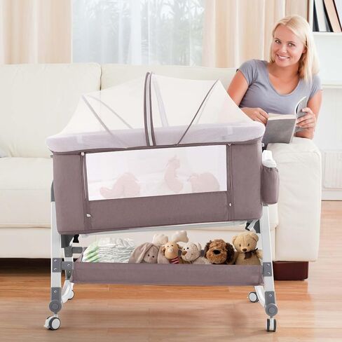 3 in 1 Baby Bassinet, Rocking Bassinets Bedside Sleeper with Comfy Mattress and Wheels, Height Adjustable Easy Folding Portable Bedside Crib for Newborn Infant,Deep Khaki in Saudi Arabia