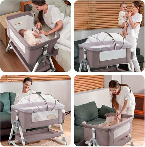 3 in 1 Baby Bassinet, Rocking Bassinets Bedside Sleeper with Comfy Mattress and Wheels, Height Adjustable Easy Folding Portable Bedside Crib for Newborn Infant,Deep Khaki in Saudi Arabia