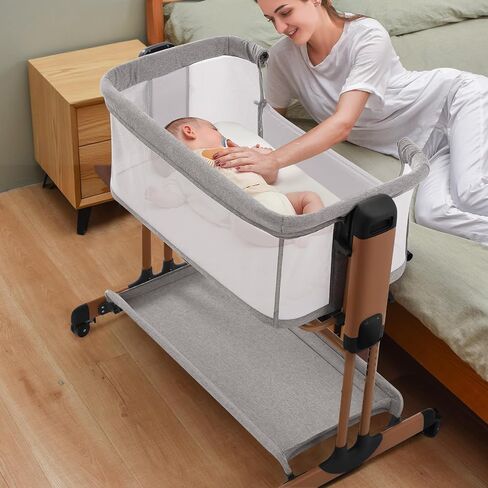 3 in 1 Baby Bassinet, Rocking Bassinets Bedside Sleeper with Comfy Mattress and Wheels, Height Adjustable Easy Folding Portable Bedside Crib for Newborn Infant,Deep Khaki in Saudi Arabia