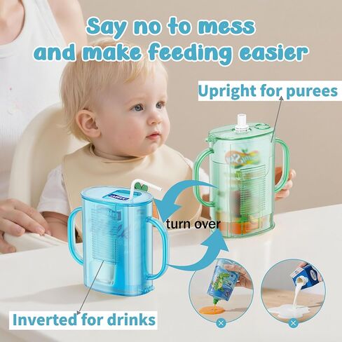 حامل أكياس مكون من قطعتين بدون ضغط لأكياس الطعام وصناديق المشروبات، حامل أكياس أطفال بارتفاع قابل للتعديل مع مقبض سهل الإمساك يسمح للطفل بالتغذية الذاتية وتجنب الفوضى ومستلزمات الأطفال الأساسية القابلة لإعادة الاستخدام in Kuwait