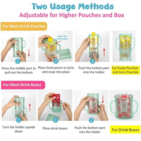 حامل أكياس مكون من قطعتين بدون ضغط لأكياس الطعام وصناديق المشروبات، حامل أكياس أطفال بارتفاع قابل للتعديل مع مقبض سهل الإمساك يسمح للطفل بالتغذية الذاتية وتجنب الفوضى ومستلزمات الأطفال الأساسية القابلة لإعادة الاستخدام in Kuwait