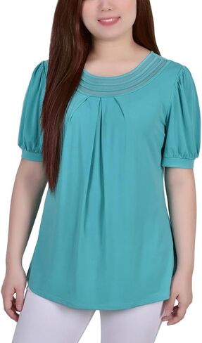 Mesh Inset Petite Top with Short Puff Sleeves by NY Collection in Kuwait