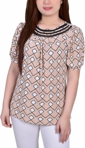 Mesh Inset Petite Top with Short Puff Sleeves by NY Collection in Kuwait