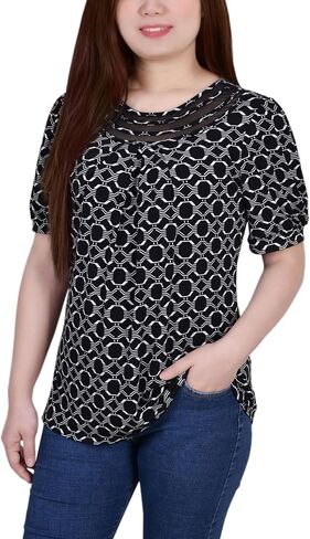 Mesh Inset Petite Top with Short Puff Sleeves by NY Collection in Kuwait